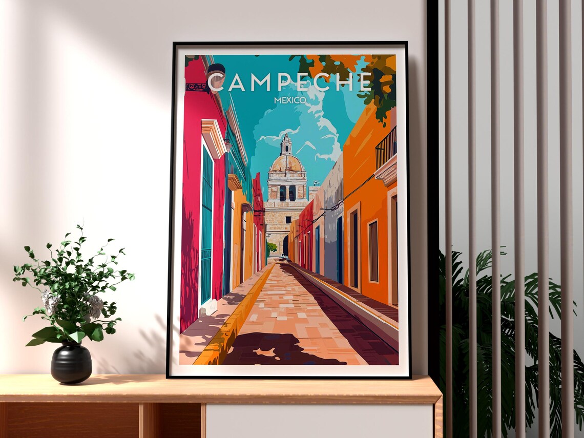 Campeche Mexico Colonial Street Domed Church City Travel Poster