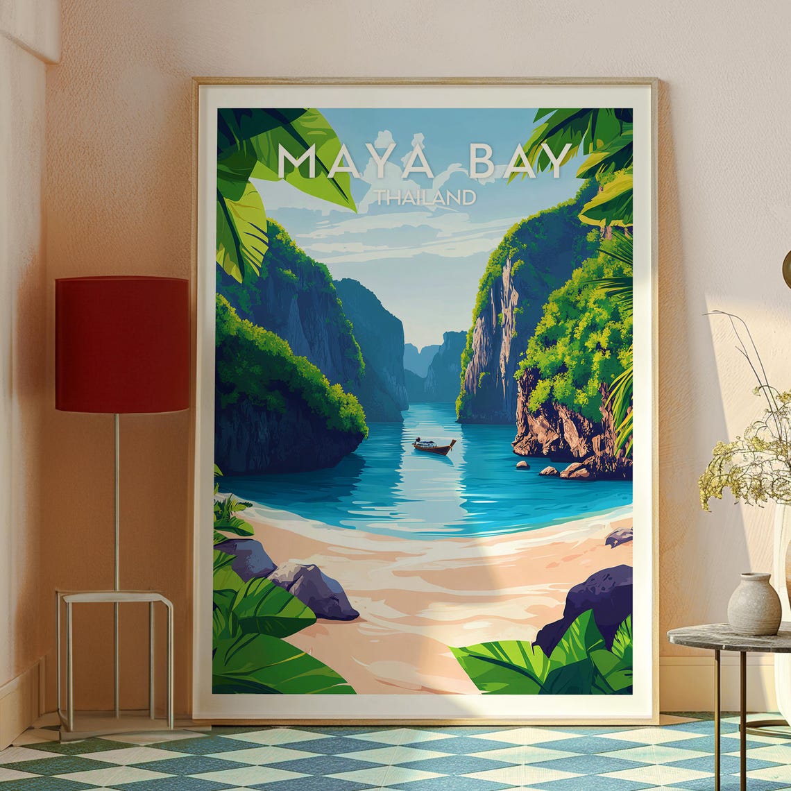 Maya Bay Thailand Limestone Cliffs Longtail Boat Beach Scene Poster - Image 2