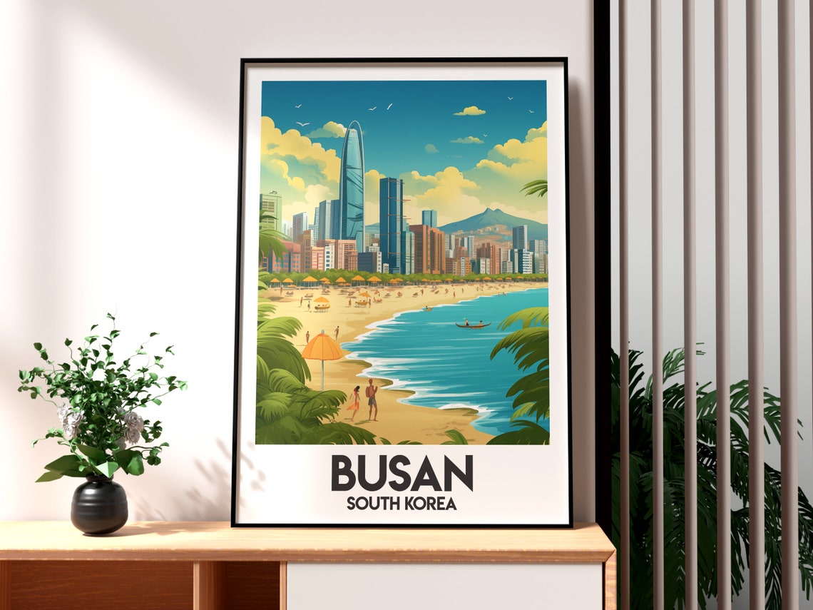 Busan South Korea Beach Skyline Illustrated Coastal Travel Poster