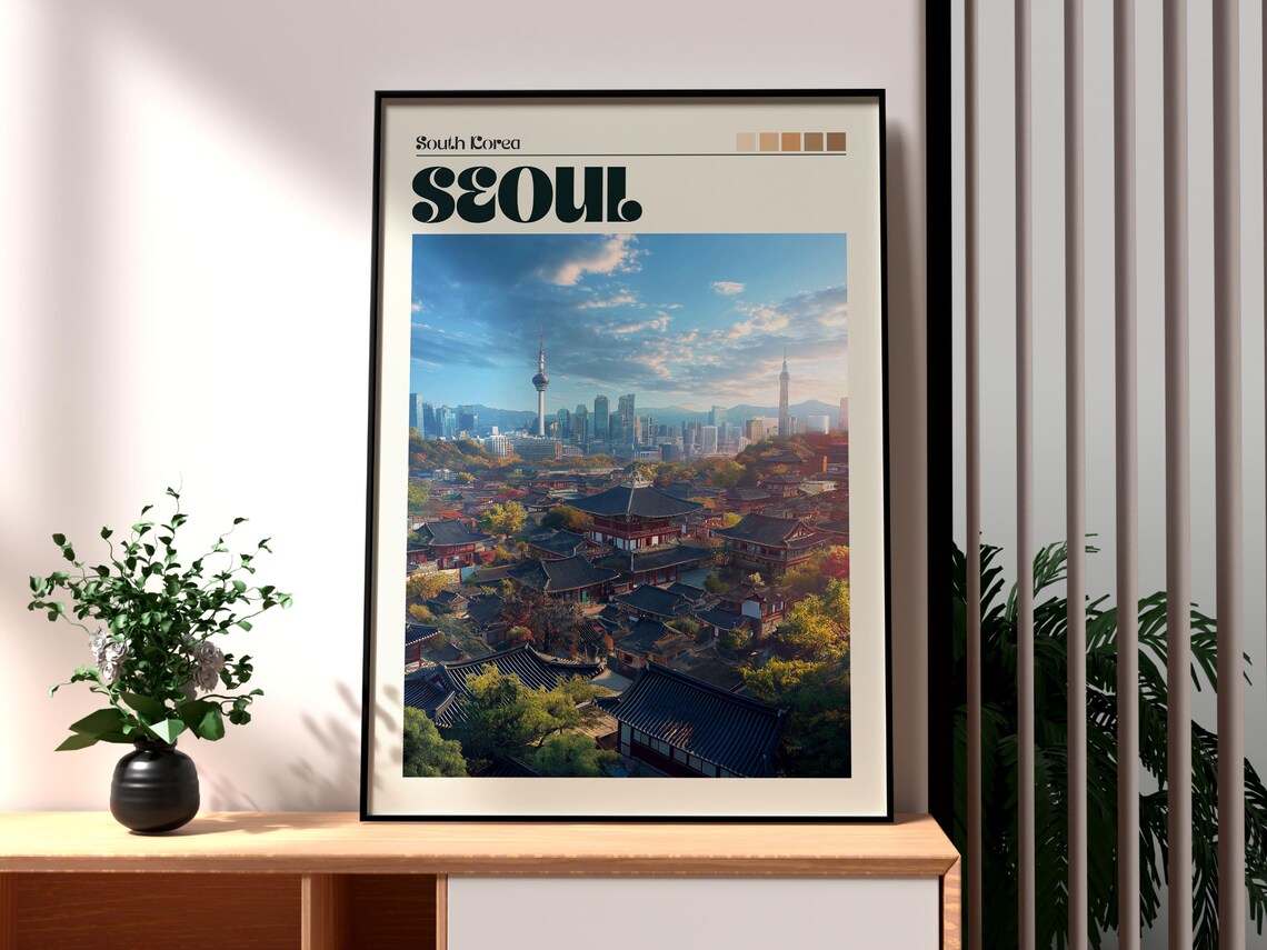 Seoul South Korea Hanok Village N Seoul Tower Daytime Travel Poster