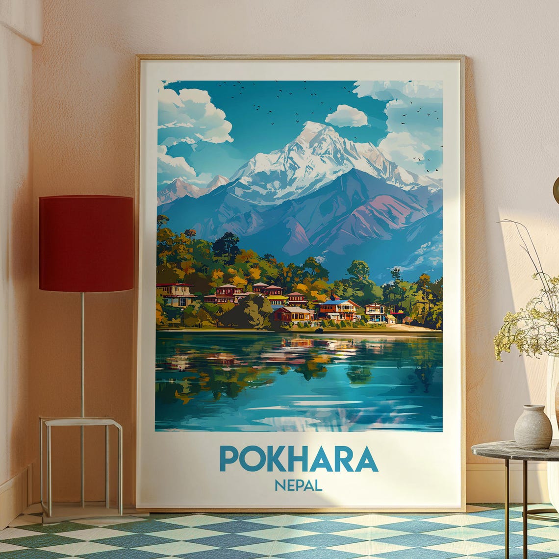 Pokhara Nepal Himalayan Lake Village Snow Mountain Travel Poster - Image 2