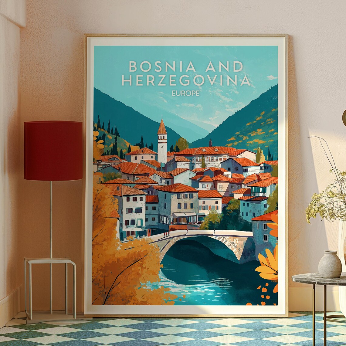 Bosnia and Herzegovina Old Village Bridge Mountain Travel Poster - Image 2