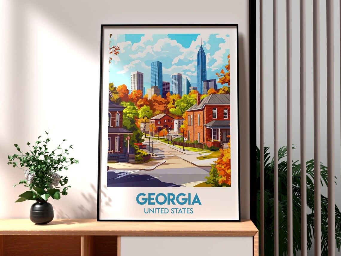 Georgia USA Autumn Street Fall Foliage City Skyline Travel Poster
