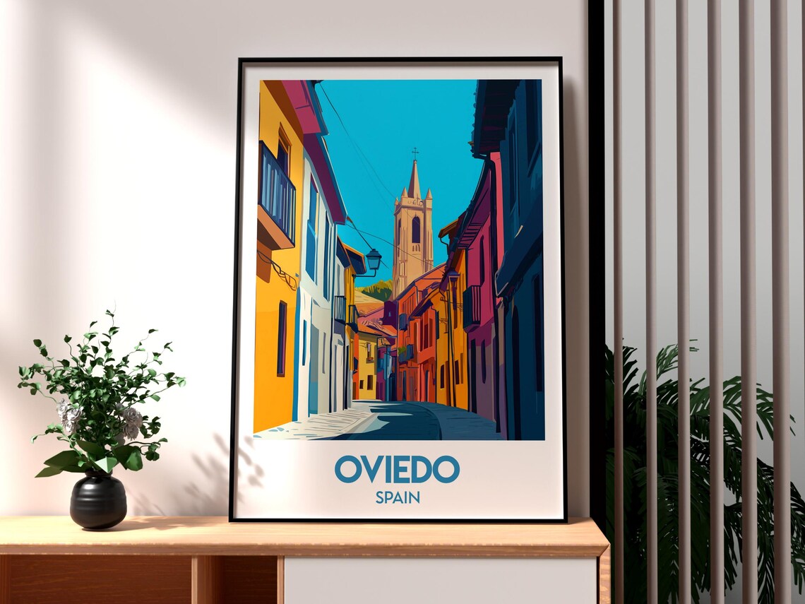 Oviedo Spain Historic Street Gothic Tower Bright Facades Travel Poster