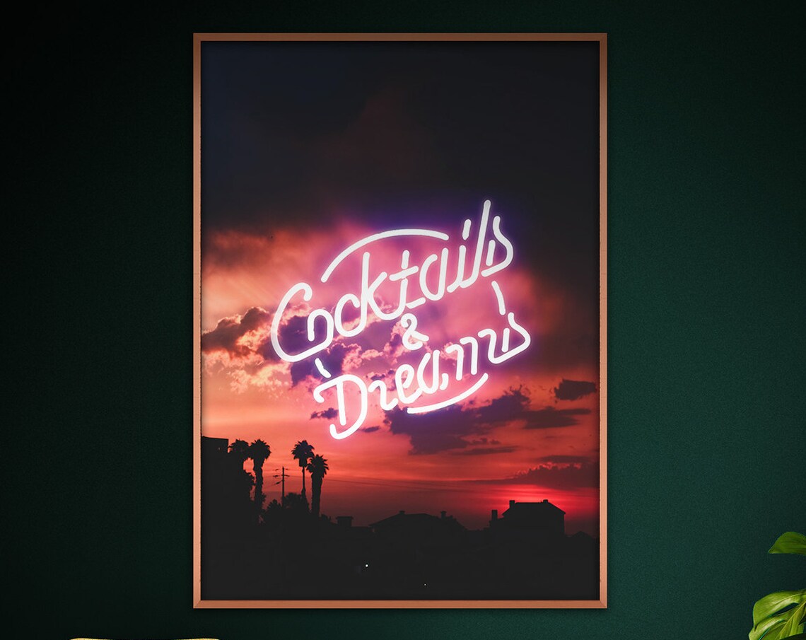 Cocktails And Dreams Sunset Neon Travel Poster