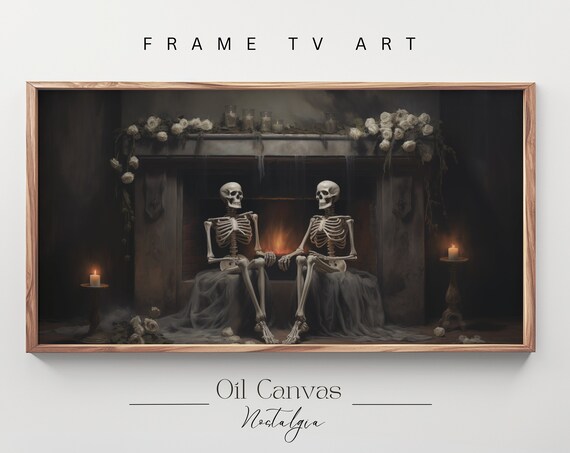Skeleton Couple Fireplace White Roses Candles Gothic Romantic Halloween Poster