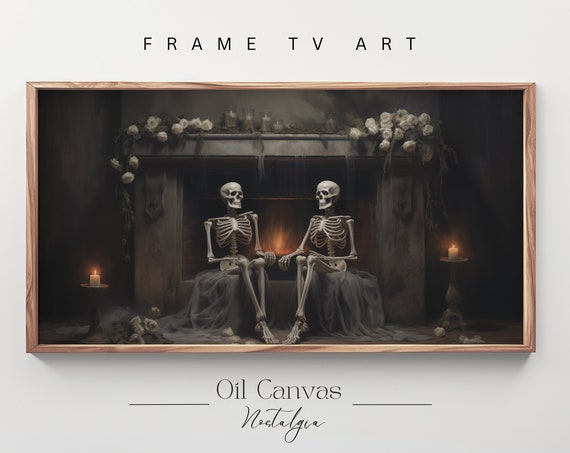 Skeleton Vintage Halloween Frame Tv Art Creepy Dark Academia Painting Spooky Moody Decor