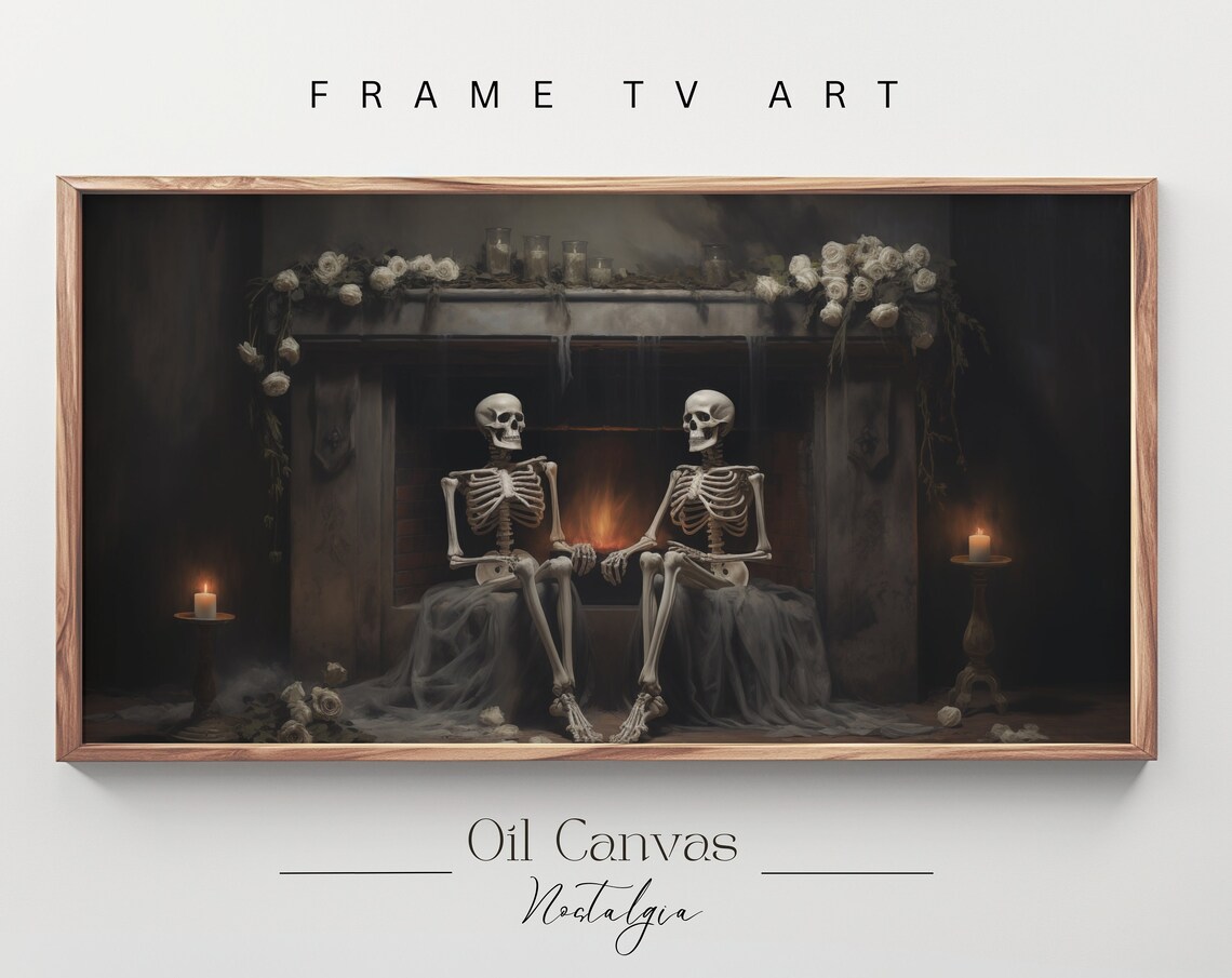 Skeleton Couple Fireplace White Roses Candles Gothic Romantic Halloween Poster