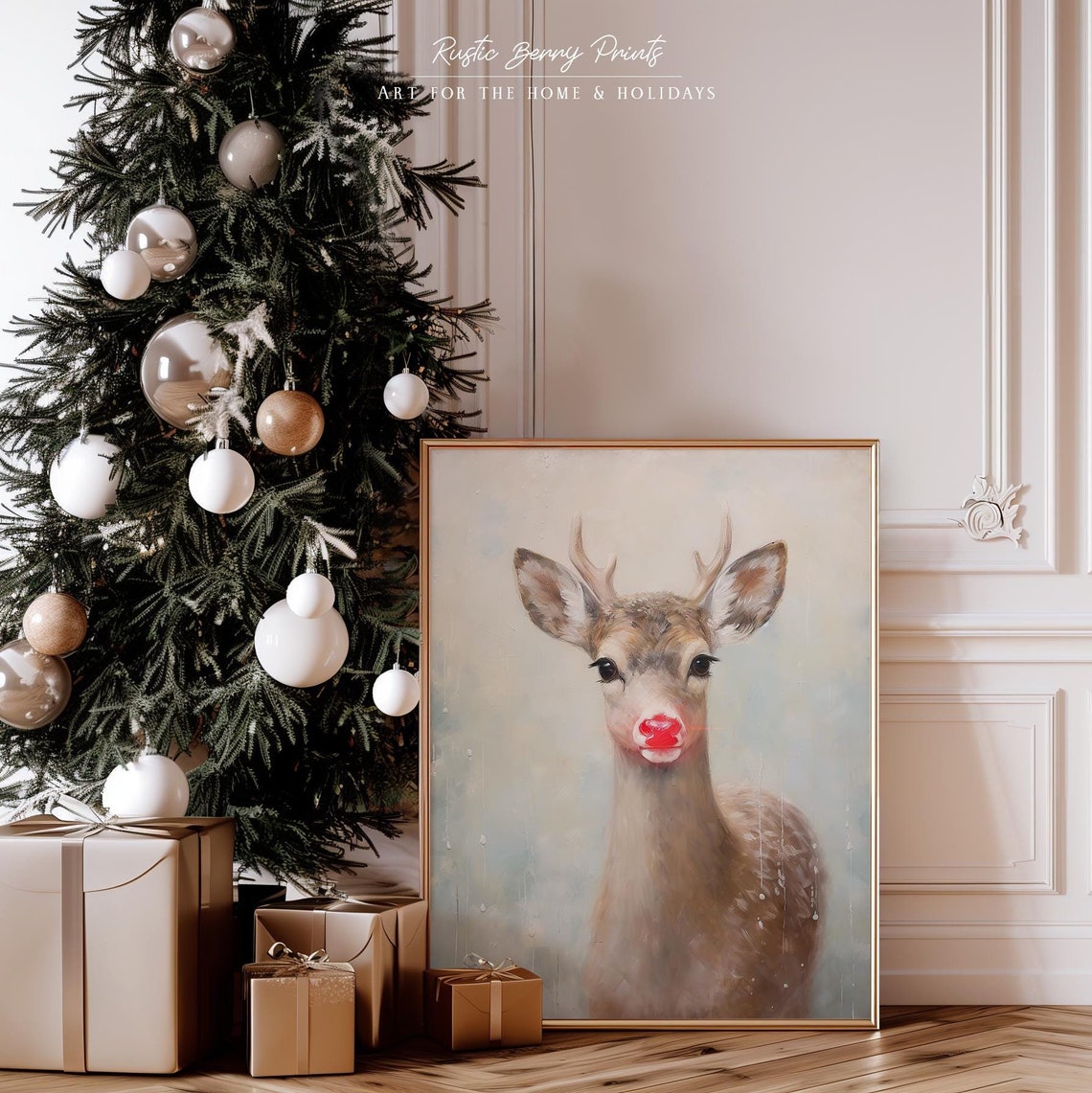 Cute Red Nosed Reindeer Portrait Soft Pastel Christmas Wall Art