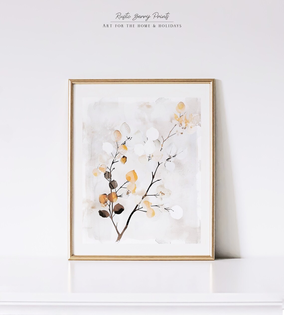Autumn Branch Golden Leaves Watercolor Botanical Fall Print Wall Art