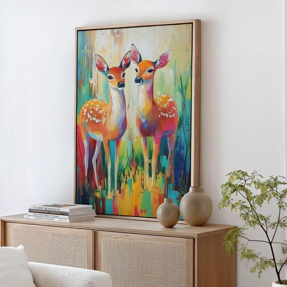 Colorful Spotted Fawn Duo Whimsical Abstract Wildlife Art Poster