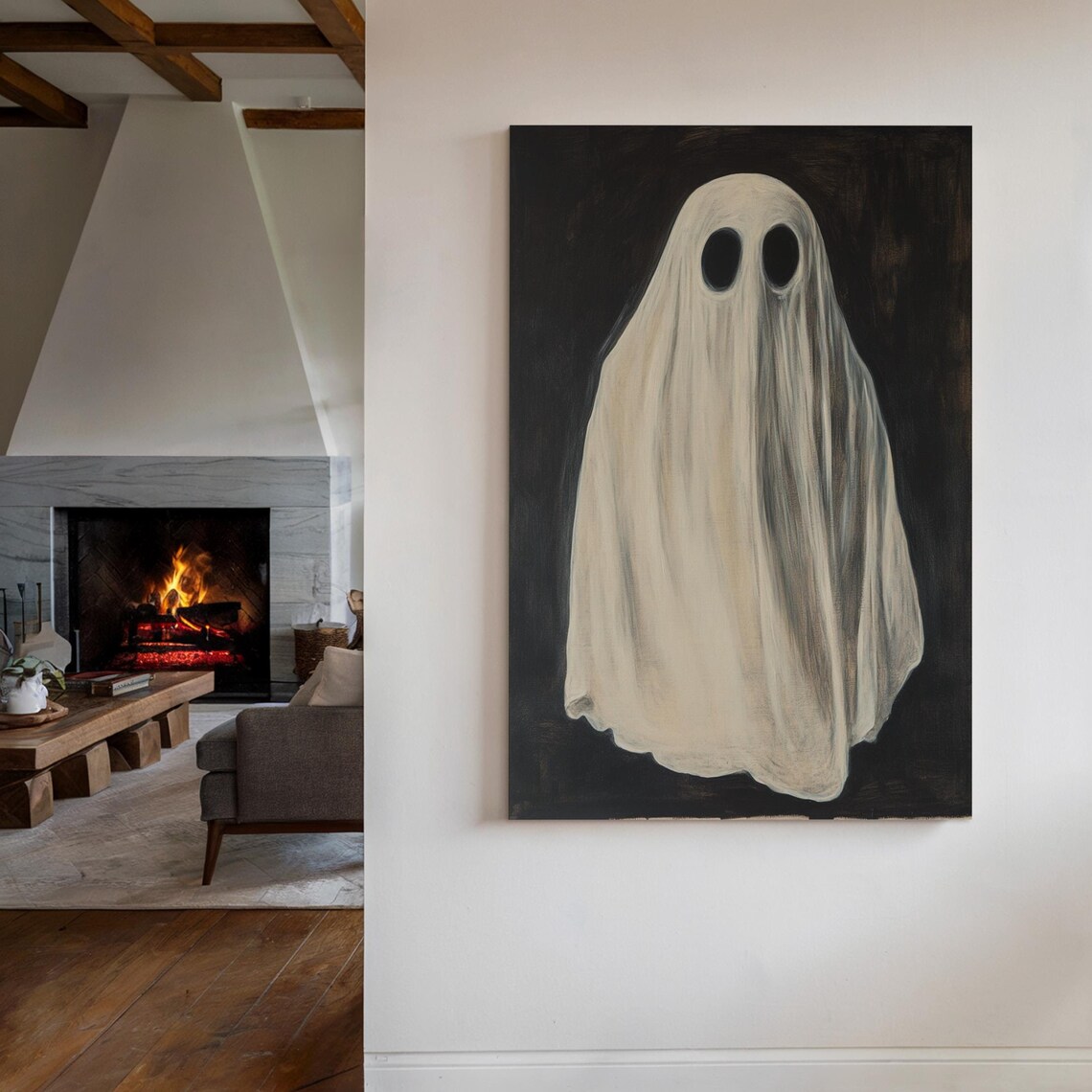 Vintage Ghost in Draped White Sheet Haunting Oil Painting Halloween Poster - Image 4