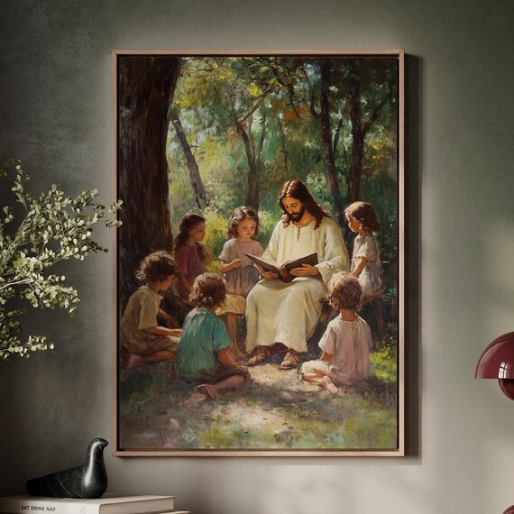 Jesus Teaching Children Reading Book Forest Glade Scene Poster