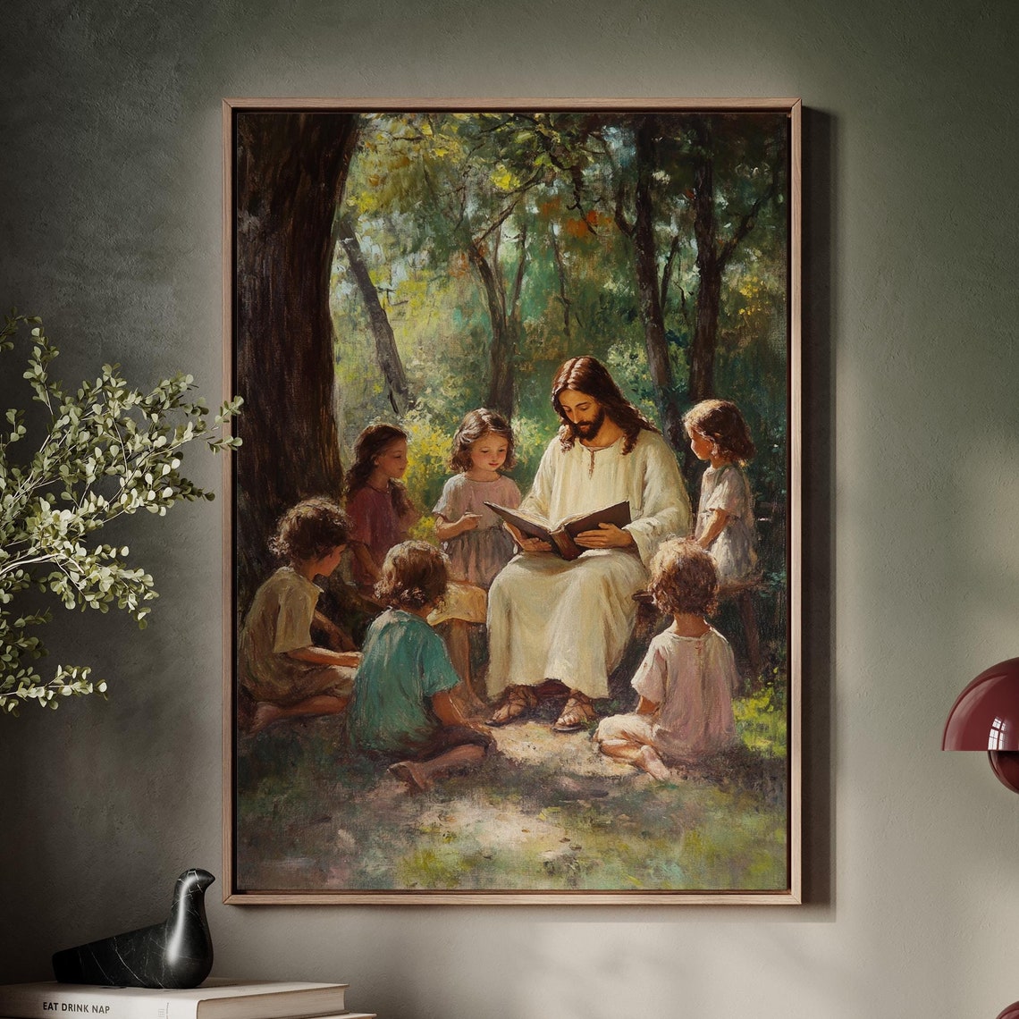 Jesus Teaching Children Reading Book Forest Glade Scene Poster
