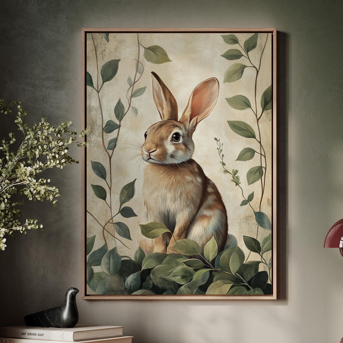 Realistic Rabbit Portrait, Rustic Nature Decor