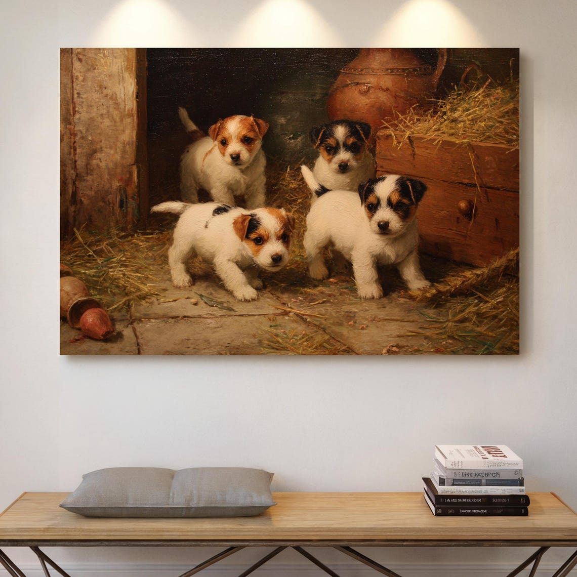 Adorable Jack Russell Terrier Puppies Vintage Oil Painting Of Four Playful Farm Dogs In A Rustic Barn With Straw And Wooden Details