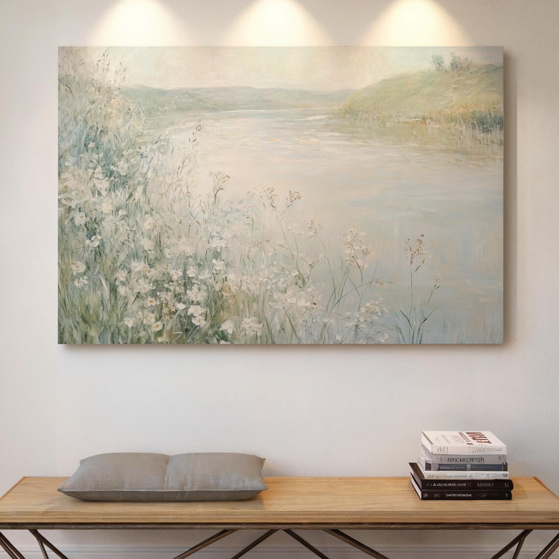 Tranquil Pastel Lake White Wildflowers Minimalist Landscape Poster