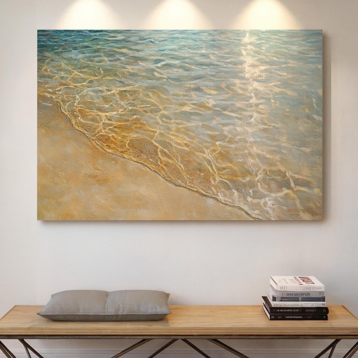 Sunlit Ocean Waves Over Sand Teal And Gold Water Reflection Poster