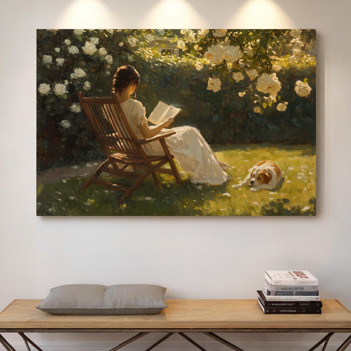 Woman Reading In A Sunny Rose Garden With Dog Painting Poster