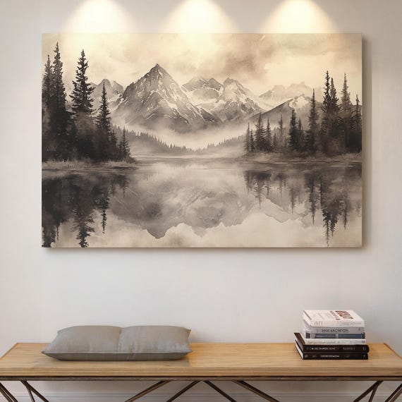 Monochrome Mountain Lake Canvas Wall Art Misty Peaks Pine Forest Reflection Serene Nature Landscape Painting For Rustic And Modern Dcor