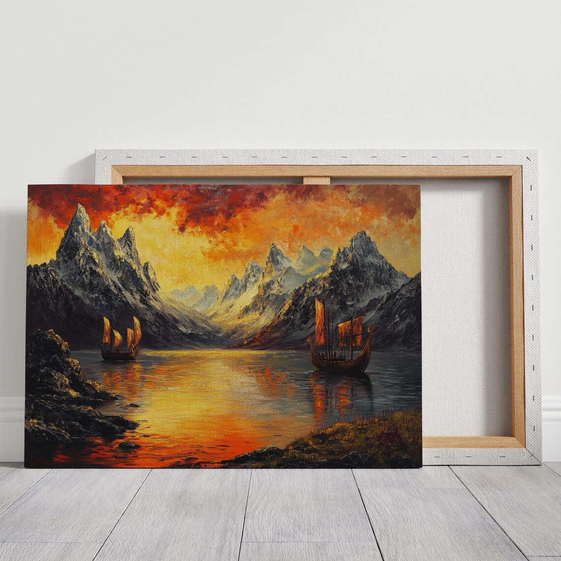 Viking Longship Sunset Landscape, Fjords Reflections