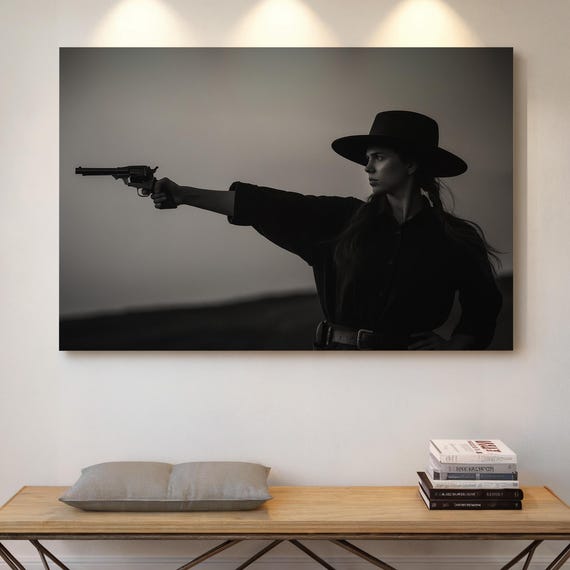Western Cowgirl With Revolver Dramatic Black And White Canvas Wall Art For Rustic Or Modern Spaces