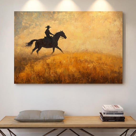 Western Cowboy Silhouette Canvas Art Rustic Oil Painting Of Lone Rider Galloping Through Golden Prairie Sunset