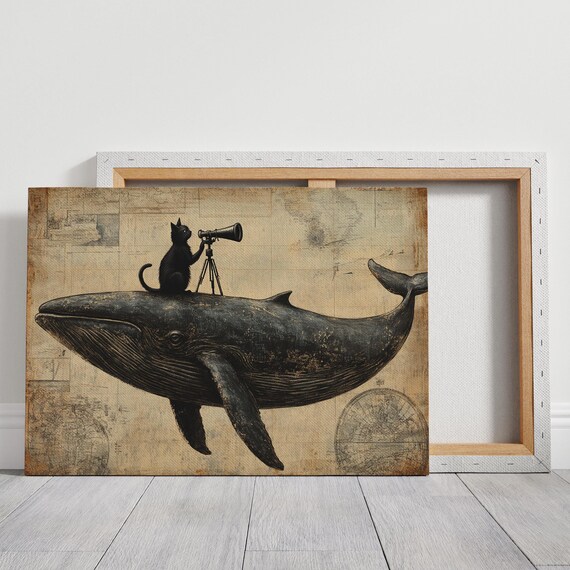 Black Cat With Telescope Riding Whale Surreal Vintage Nautical Animal Poster