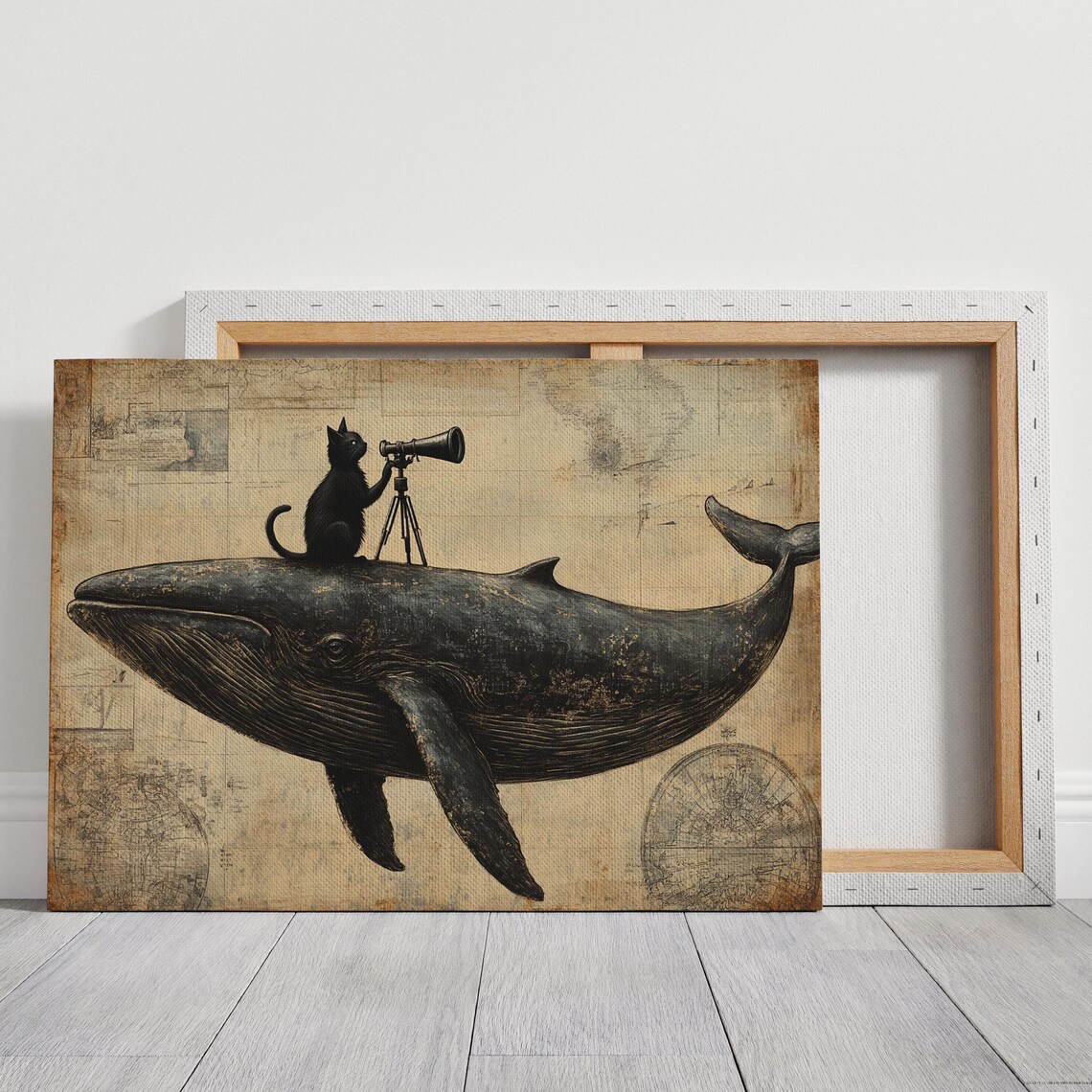 Black Cat With Telescope Riding Whale Surreal Vintage Nautical Animal Poster