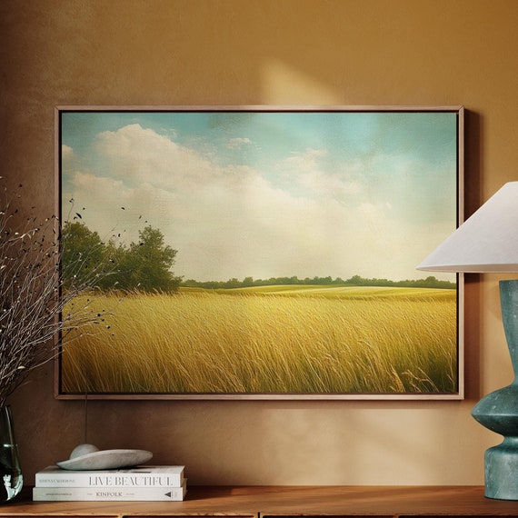 Golden Wheat Field Wall Art With Bright Sky And Green Horizon For Rustic Farmhouse Or Nature Inspired Home Decor