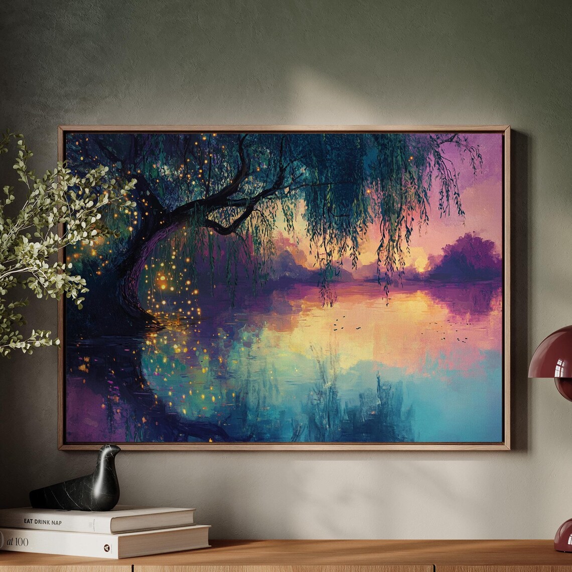 Mystical Twilight Willow With Fireflies, Fairytale Landscape Art Print