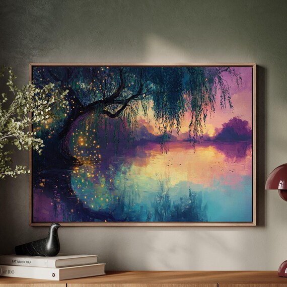 Mystical Twilight Willow With Fireflies, Fairytale Landscape Art Print