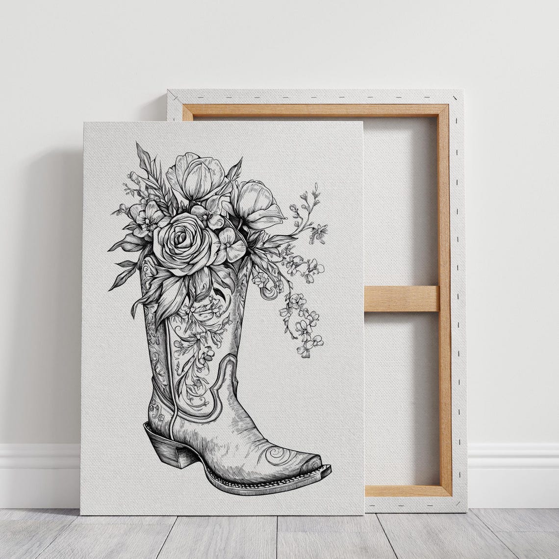 Cowboy Boot Filled With Roses And Tulips Black Ink Western Poster