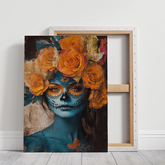 Blue Sugar Skull Art With Orange Roses Dia De Los Muertos Vibrant Mexican Heritage Decor Bold Calavera Wall Art Print