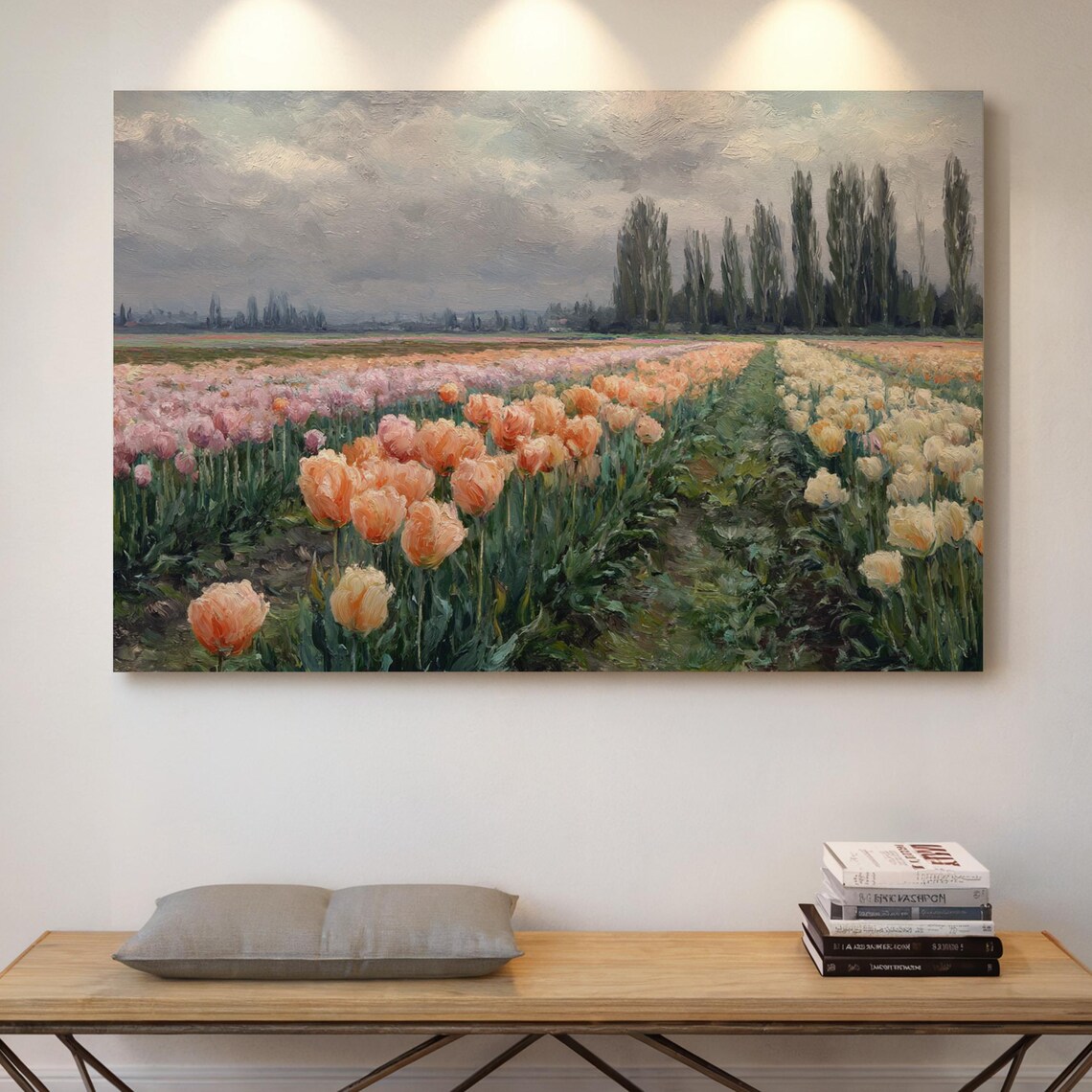 Peach and Pink Tulip Field Rows Spring Flower Painting Poster