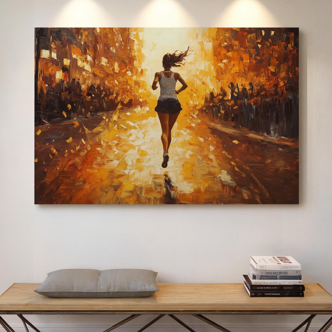 Runner From Behind Golden Street Abstract Marathon Energy Poster