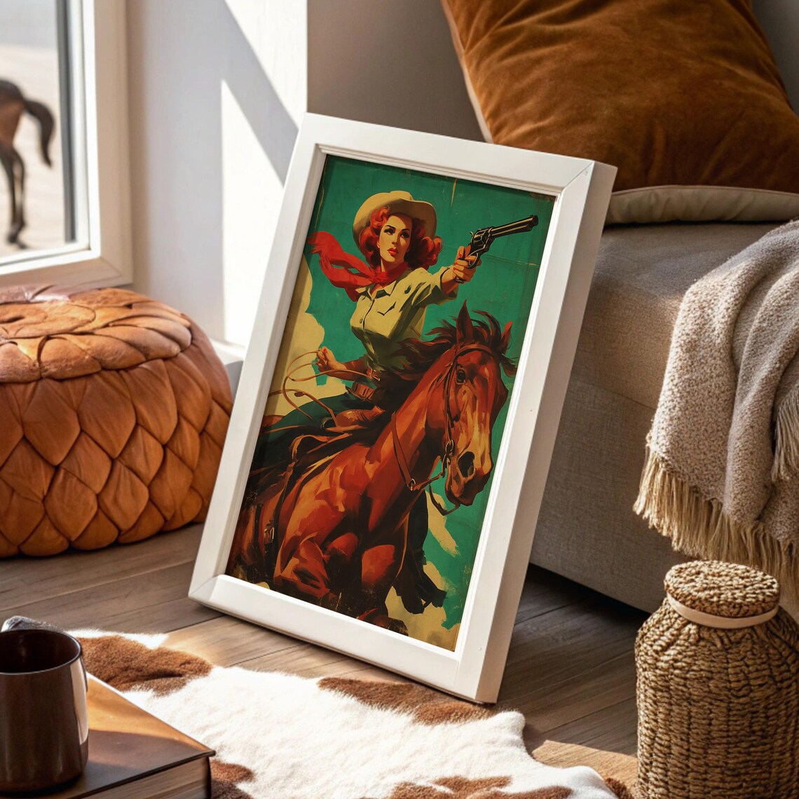 Cowgirl On Horse With Revolver Vintage Pulp Western Adventure Art Poster