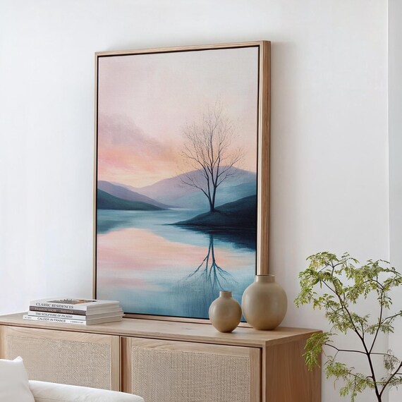 Tranquil Tree Reflection Soft Pastel Lake Landscape Painting Serene Minimalist Nature Wall Art For Home Office