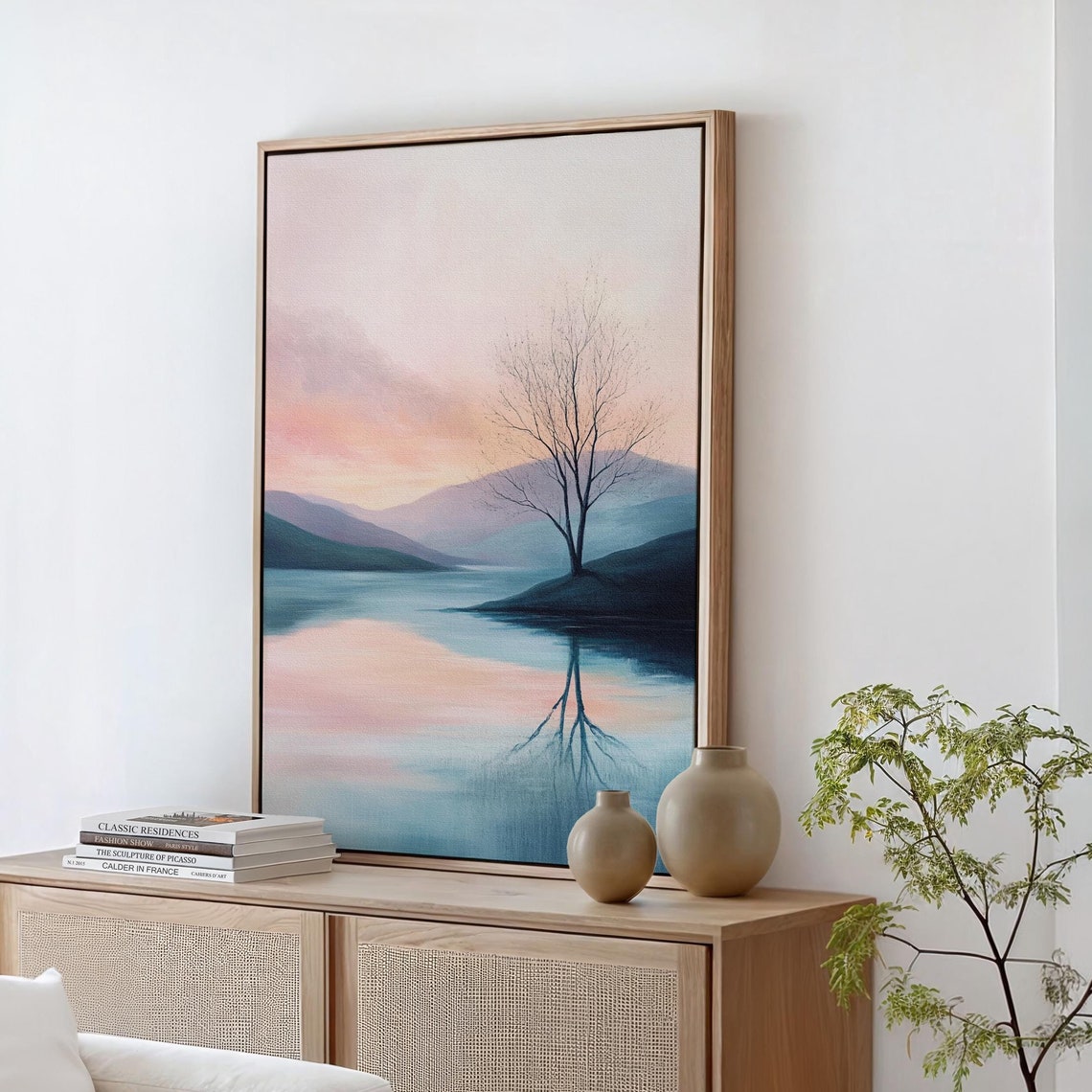 Pink Sky Lake Tree Reflection Calm Mountain Serene Wall Poster