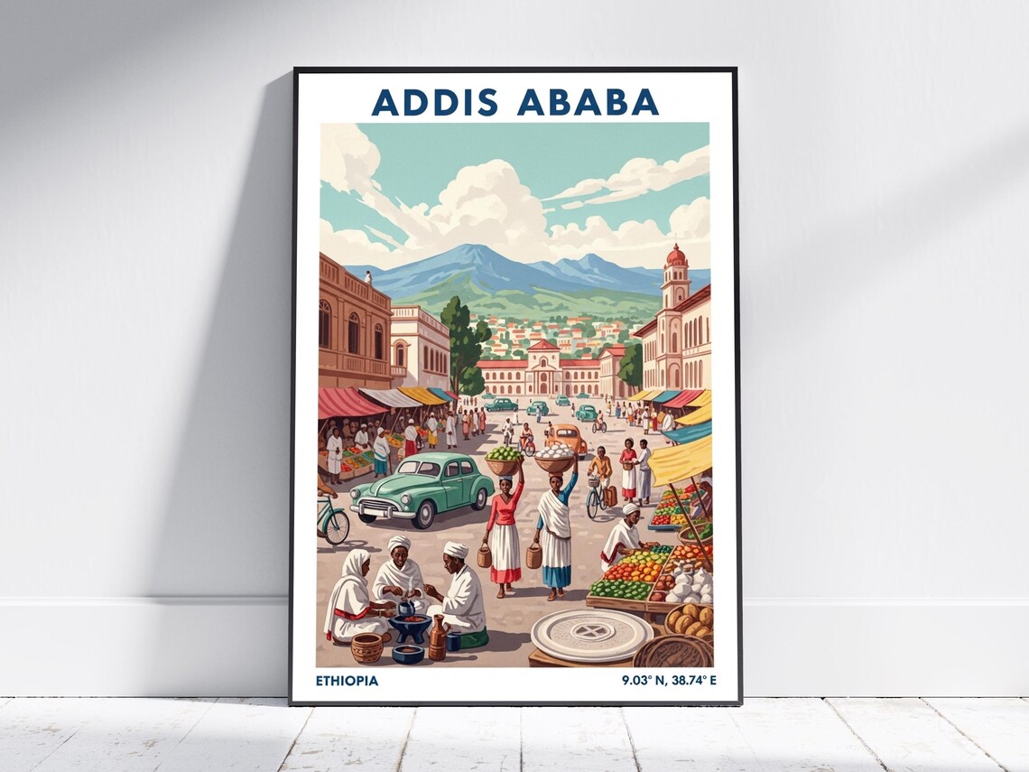 Addis Ababa Ethiopia Vintage City Market Retro Travel Poster Art