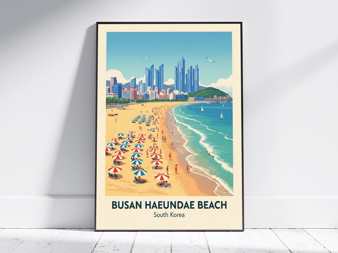 Busan Haeundae Beach South Korea Umbrellas Skyline Retro Travel Poster