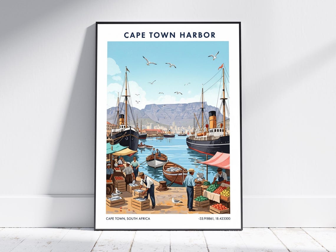 Cape Town Harbor Vintage Travel Print Table Mountain Ships Scene
