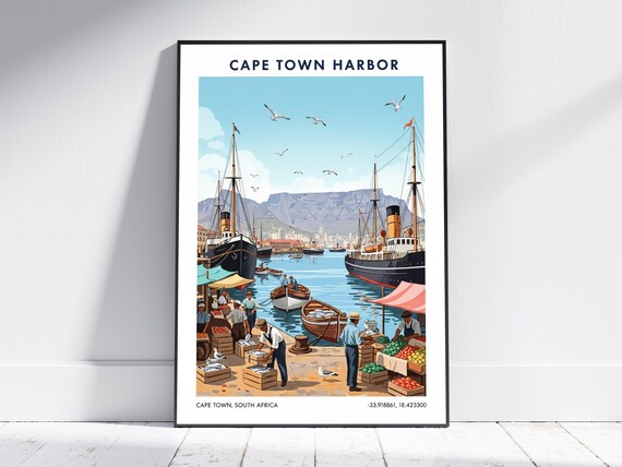 Cape Town Harbor Vintage Travel Print Table Mountain Ships Scene