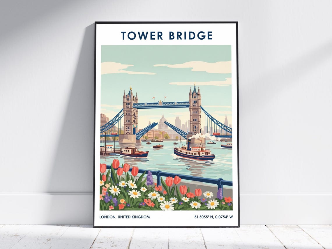Tower Bridge London Vintage Travel Poster With Thames Flowers Scene