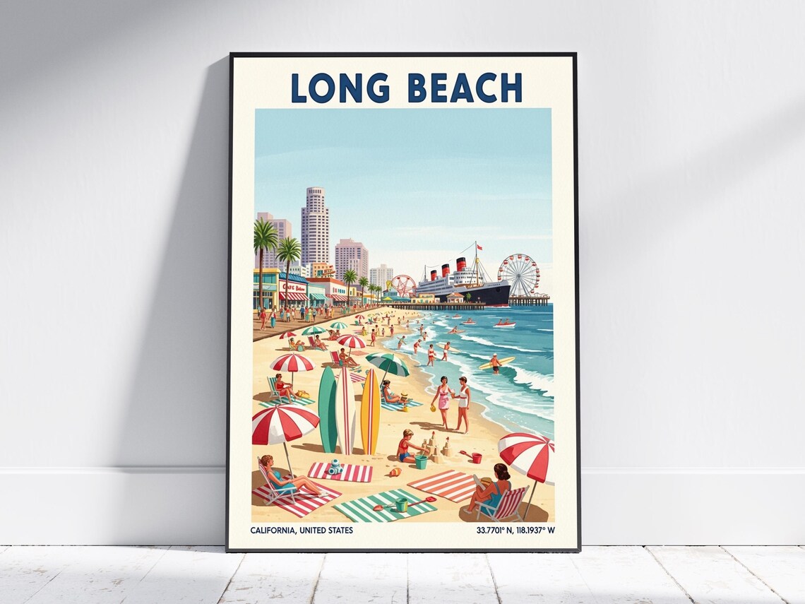 Long Beach California Vintage Beach Scene Retro Travel Poster
