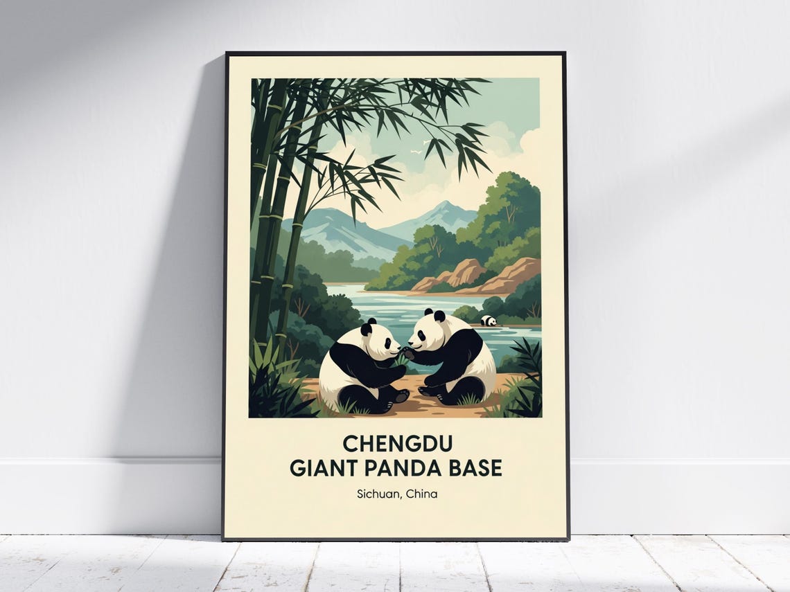 Chengdu Sichuan Giant Panda Cubs Bamboo Forest Vintage Art Poster