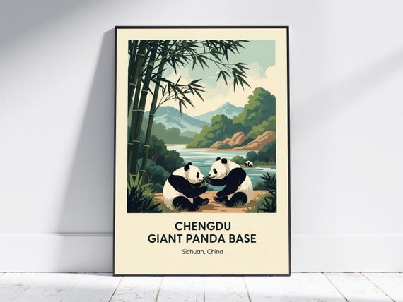 Chengdu Panda Poster Green And Black White Illustration Sichuan Wildlife Art Vintage Travel Decor For Living Room Or Office