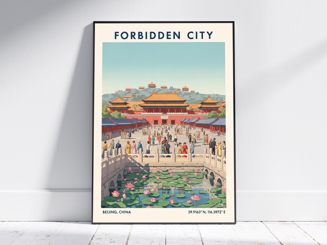 Forbidden City Beijing Vintage Landmark Illustration Travel Poster