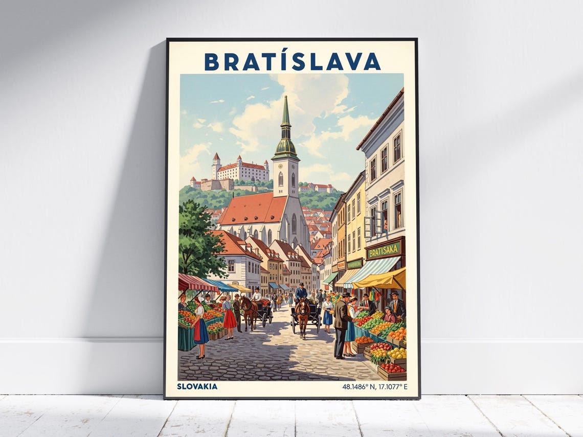 Bratislava Travel Poster Slovakia Old Town Market Street Scene