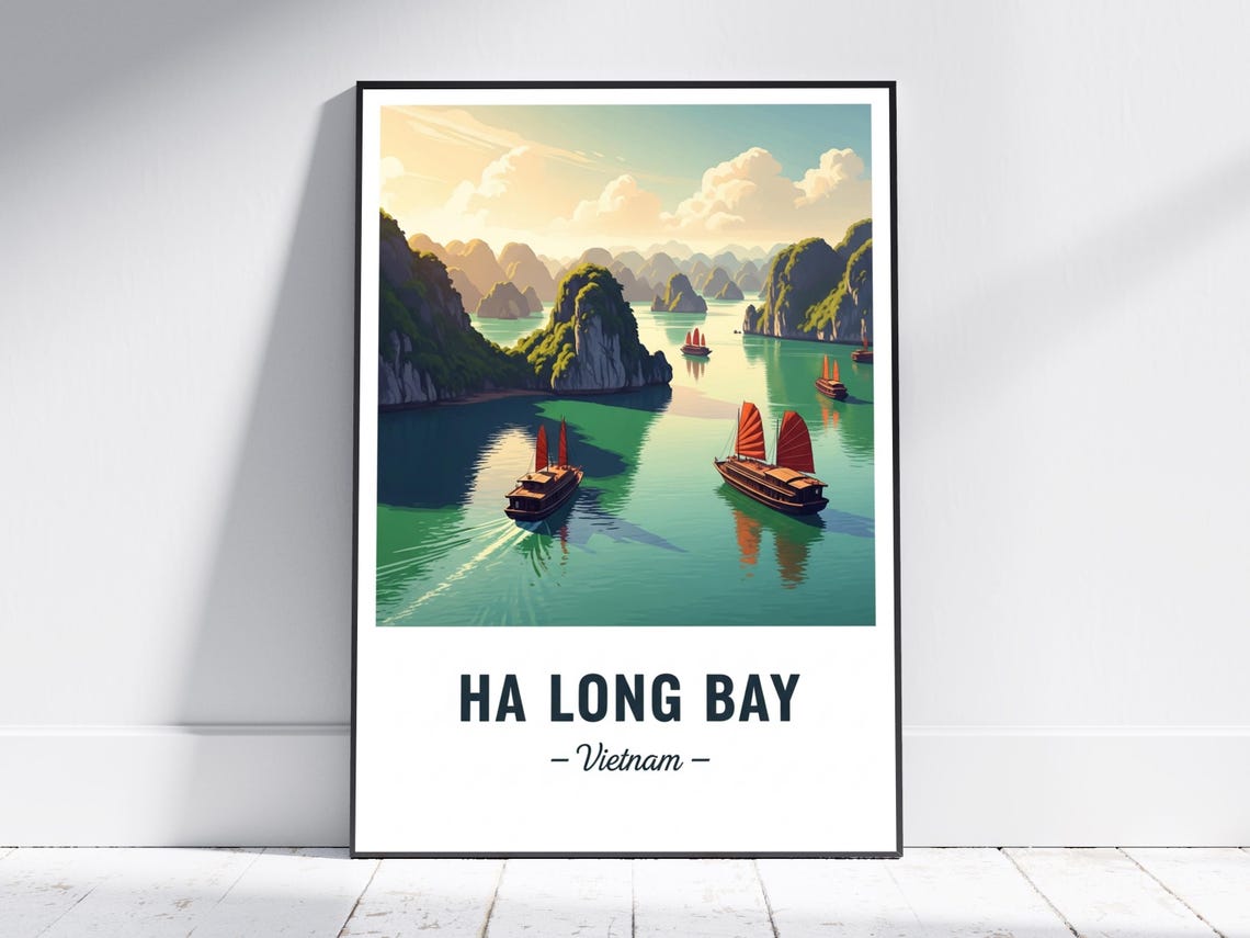Ha Long Bay Vietnam Karst Islands Sunrise Junk Boat Travel Poster
